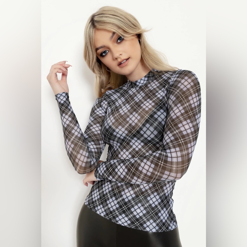 TARTAN HEATHER SHEER HIGH NECK LONG SLEEVE TOP